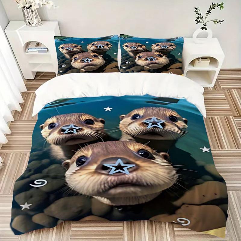 3-teiliges Anime-Otter-Selfie-Bettwäsche-Set - Enthält einen Bettbezug und zwei Kissenbezüge (Kein Kern) - Polyesterstoff, Perfekt für Schlafzimmer und Gäste