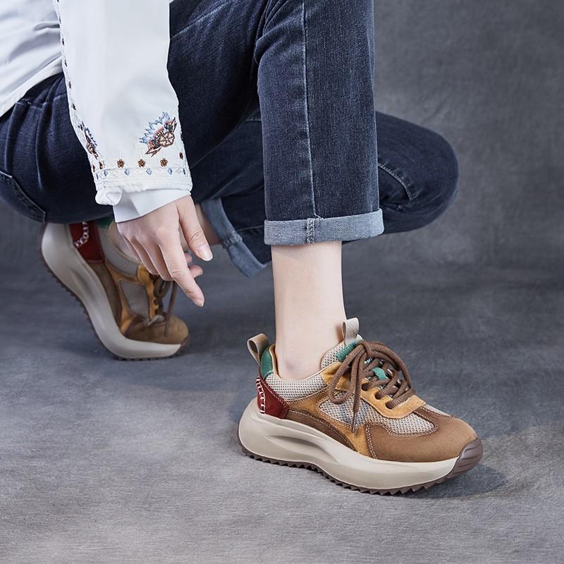 Johnature Mesh Splicing Genuine Leather Breathable Women's Shoes Thick Sole Mixed Colors Casual Sports Shoes