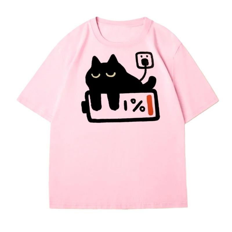 Funny Cat Charging T-shirt for Women Casual T Shirts Short Sleeved Tees Female Tops Summer Streetwear Round Neck Breathable Top
