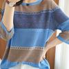 Autumn Hollowed Out Pullover Sweater for Women with Three Quarter Sleeves, Striped Loose Color Matching Casual Knit Sweater for Women's Inner Wear