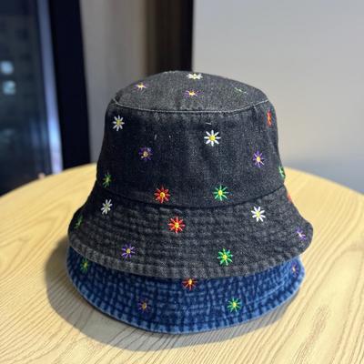 High-quality Denim Fisherman Hat for Women, New Spring/summer Style, Embroidered, Washed and Distressed, Fashionable and Versatile Bucket Hat,