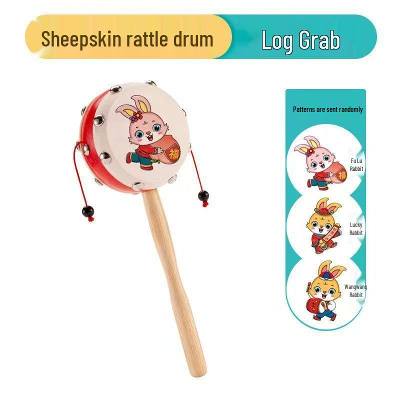 Lambskin Rattle: Wooden Baby Hand-Shaking Drum, Drop-Resistant, Chewable Musical Toy