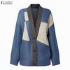Women Casual V-Neck Loose Long Sleeve Patchwork Cardigan Blouse