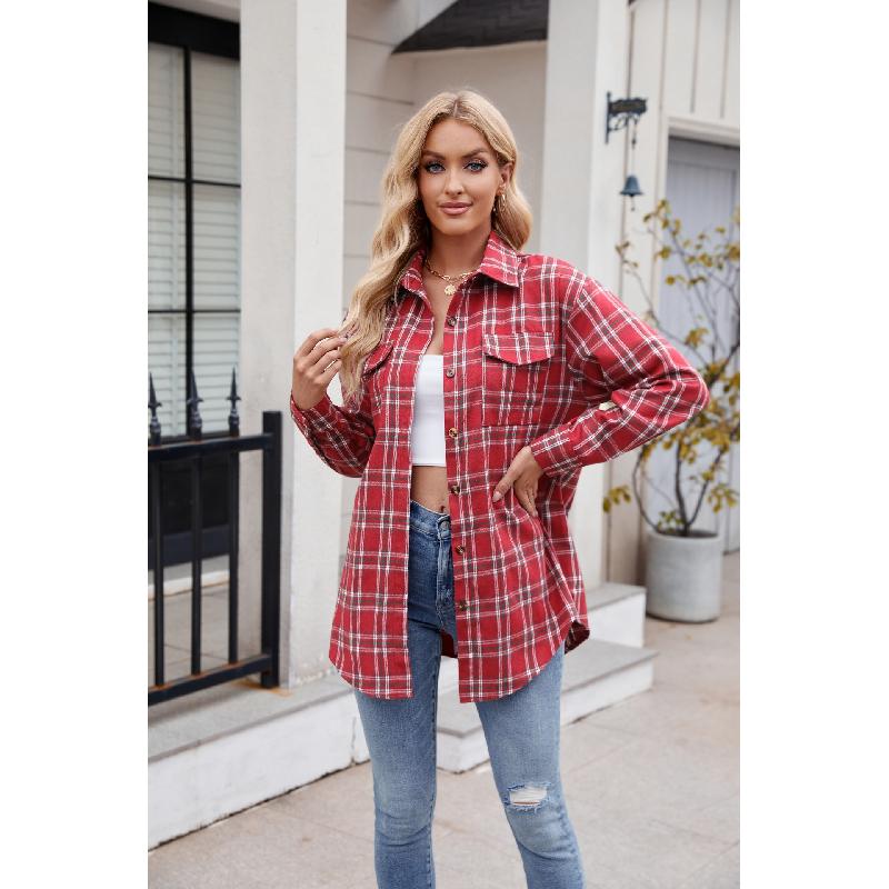 Spring and Autumn Women's New Casual Fashion Loose Plaid Pocket Shirt Jacket