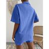 IHUASU Cotton and Linen Fashion Set, Solid-color Pocket Patch Off-the-shoulder Shirt and Shorts, Solid-color Short-sleeved Shirt