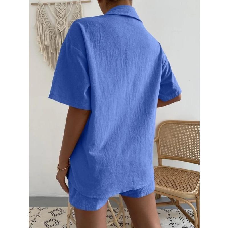 IHUASU Cotton and Linen Fashion Set, Solid-color Pocket Patch Off-the-shoulder Shirt and Shorts, Solid-color Short-sleeved Shirt