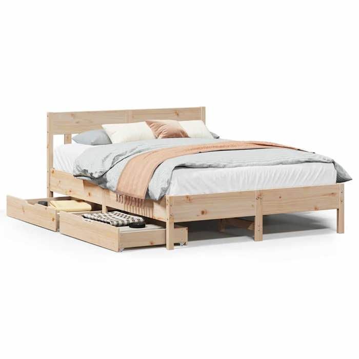 VidaXL Bed Frame with Headboard 150x200 Cm Solid Pine Wood, Bedroom Furniture, Slatted Base, Wooden Bed, Bed, 3301863