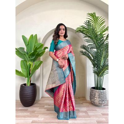 Καθαρό μεταξωτό ύφασμα σάρι με ύφανση ζαρί και εργασία μενακαρί με συνεχόμενο μπλουζάκι και κομψό πλέγμα στο σώμα.  μπλούζα : αντίθεση σύμφωνα με το βίντεο