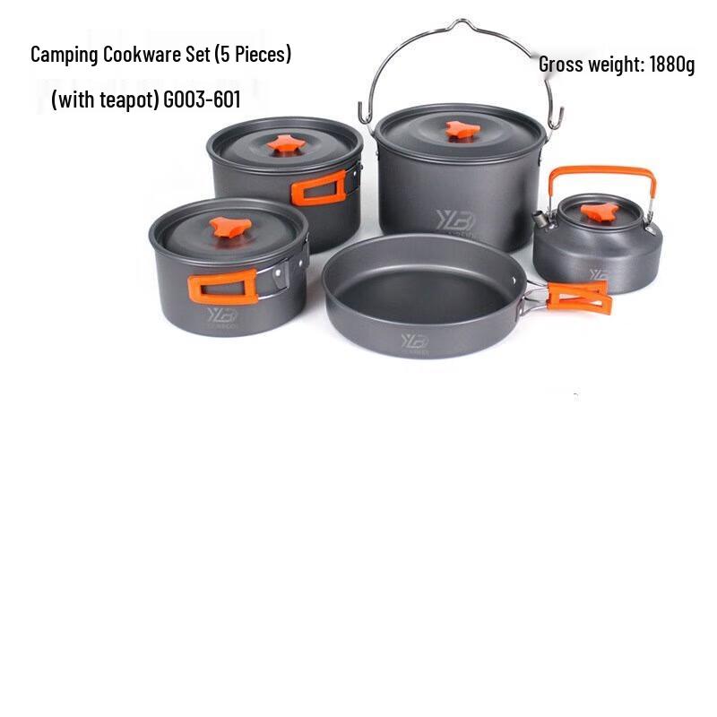 Outdoor Picnic 5-Piece Camping Cookware Set with 1.1L Teapot