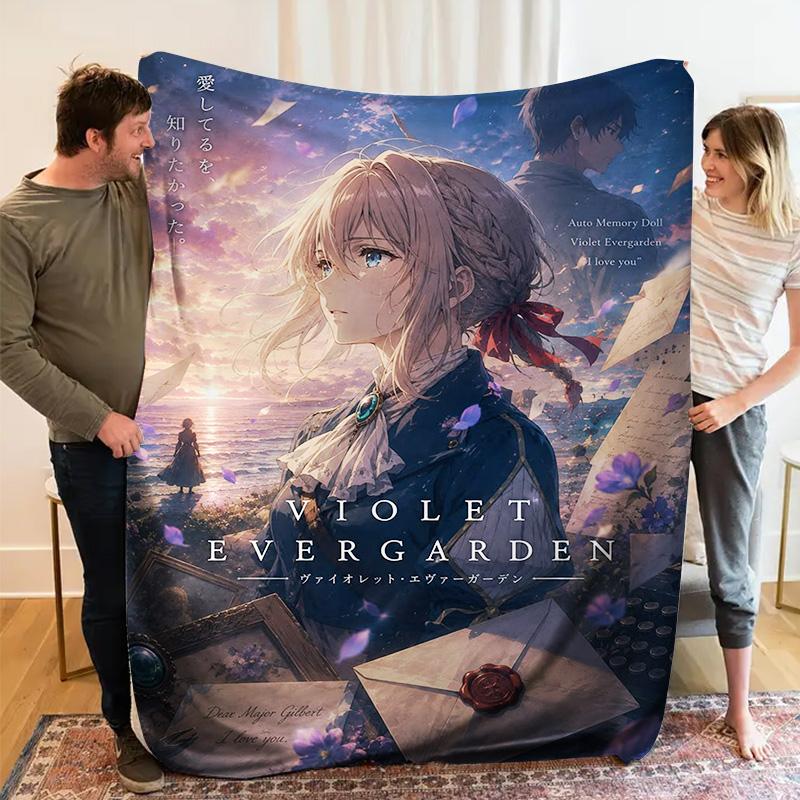 Violet Evergarden Letter Theme Anime Flannel Throw Blanket, Soft Blanket for Sofa Bed, Anime Print Home Decor