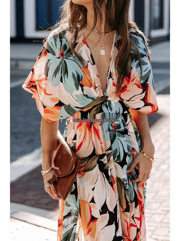 2026 Summer Floral V-Neck Dress: European & American Style, Slimming Fit for Women