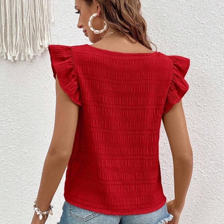 Damen T-Shirt Sommer Casual Kurzarm Frühling und Sommer Neu Eckiger Kragen Rüschenhemd Top