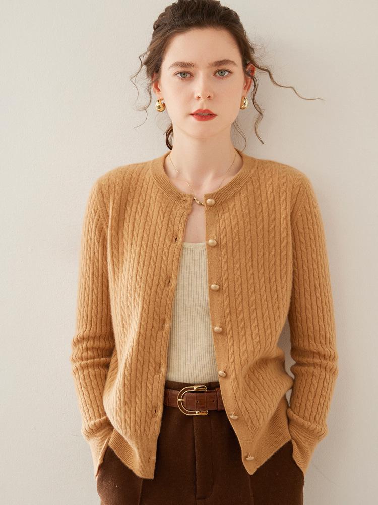 Women's Round Neck Single-Breasted Wool Cardigan - Autumn/Winter Cable Knit Long Sleeve Sweater Jacket