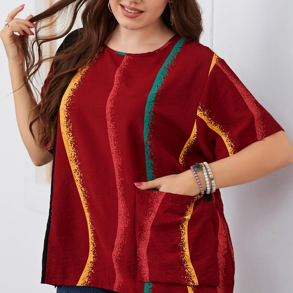 Женская летняя модная рубашка в полоску с принтом в стиле пэчворк и карманами — фото 3