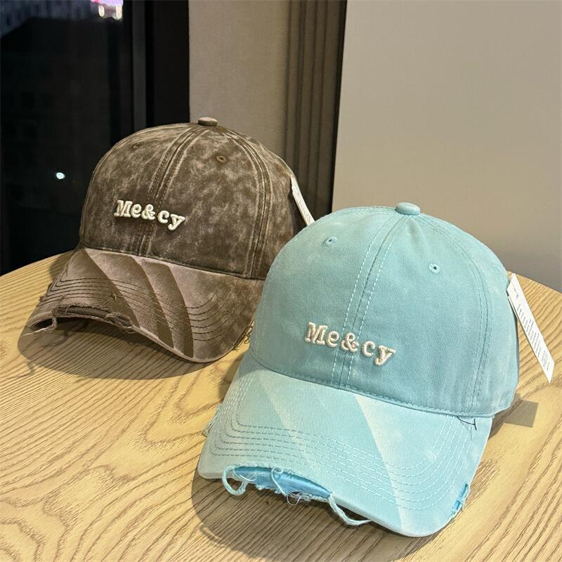 Fashion Hat Korean Style Washed Distressed Letter Embroidered Baseball Cap for Women, Large Head Wrap, Wide Brim, Big Face Flattering Duckbill Cap