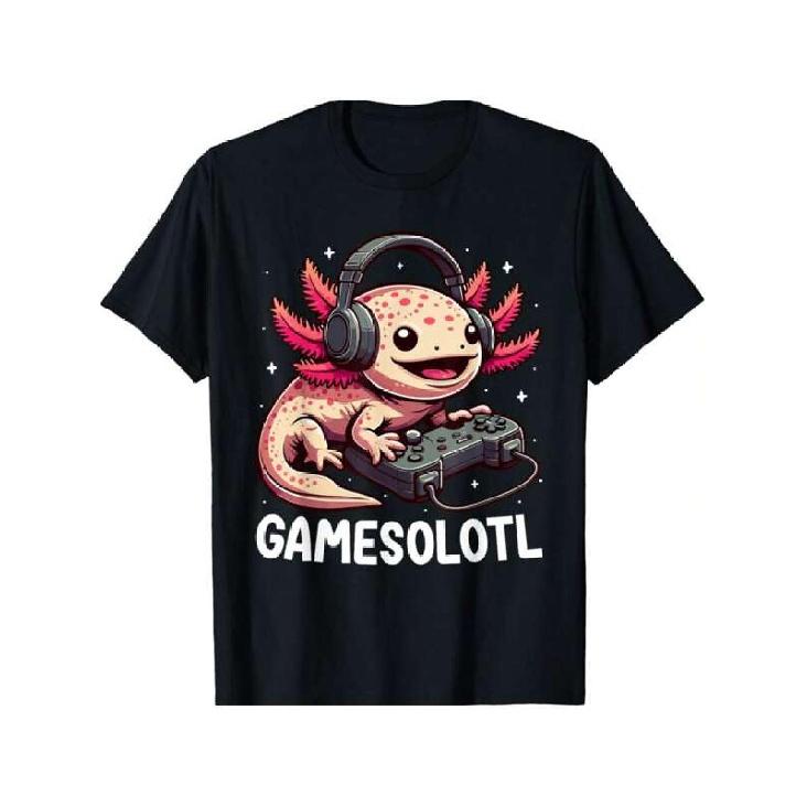 Men'S Gamesolotl Axolotl Gaming T-Shirt Cute Anime Video Gamer Tee with Headphones & Controller, Black Casual Short Sleeve Round Neck Shirt for