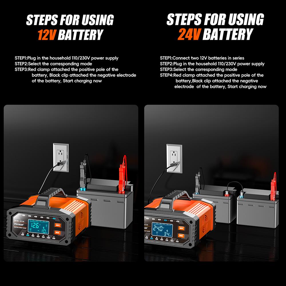 For AGM GEL SLA Lead-Acid LiFePO4 7-stage Chargers Smart Battey Charger 12V 24V 20A 10A Large Screen Digital Display Car Motorcycle Battery Charger