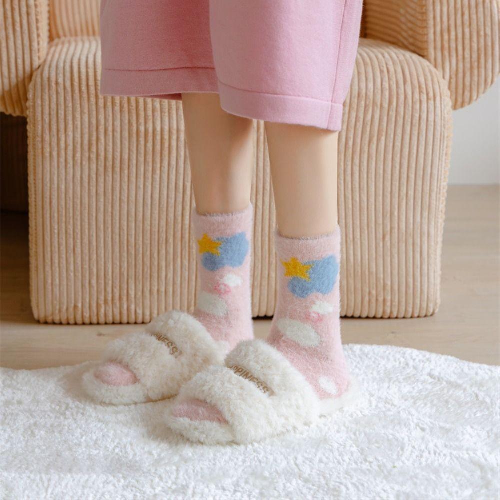 Keep Warm Mink Velvet Socks Flower Heart Pattern Winter Socks Cute Middle Tube Sock  Ladies