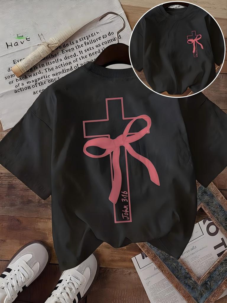 Vintage Cross Ribbon Graphic Tee Unisex John 316 Bible Verse Print T Shirt Summer Retro Aesthetic Harajuku Streetwear
