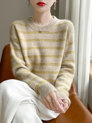Women's Striped Pure Wool Round Neck Sweater, Autumn/Winter Collection, Seven-Gauge, Loose Fit, Thick Knitted Long Sleeve Pullover.