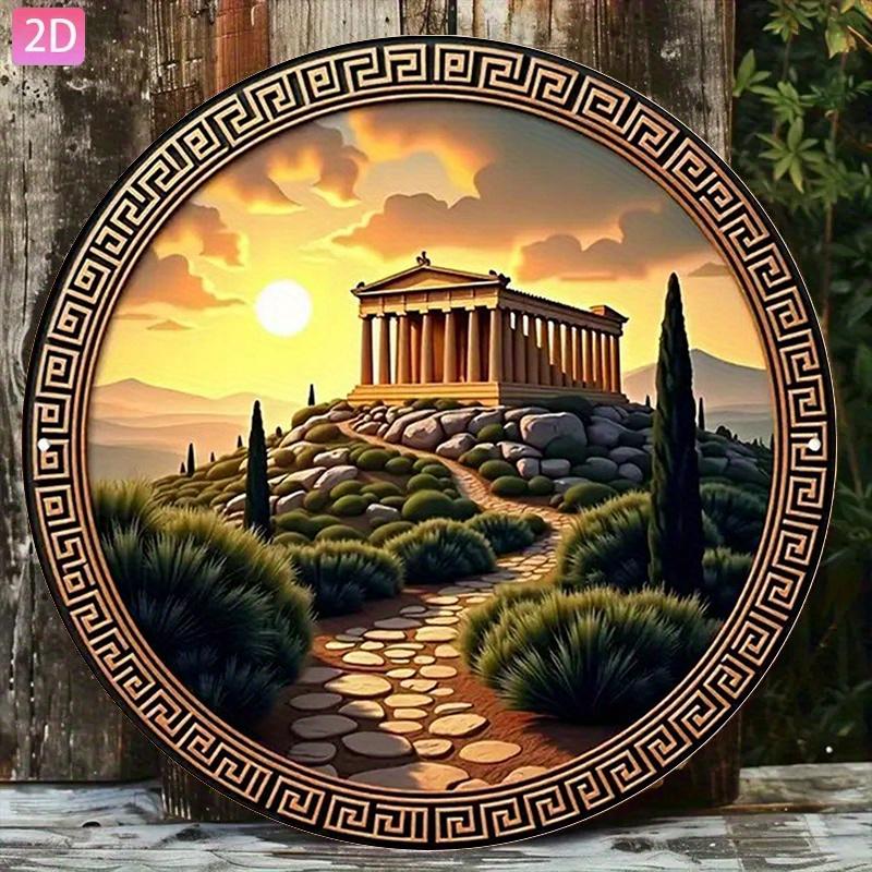 D Flat High Definition Metal Wall Art Greek Parthenon Temple on Hill Sunset Greek Key Border Stone Path Olive Trees Metal Sign 20x20cm(8x8inch)