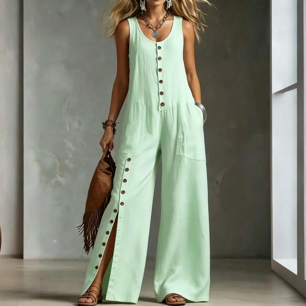Sleeveless Wide Leg Jumpsuit for Women with Button Down Front and Side Pocket Loose Fit Casual Overalls Romper