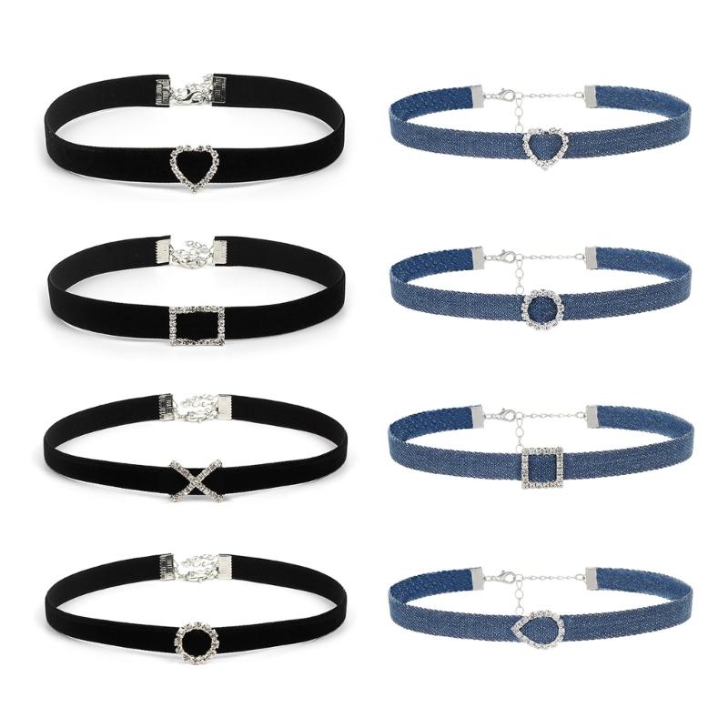 Modische Choker-Halskette aus Denim-Stoff für Damen, verstellbare Schlüsselbeinkette, Strass-Anhänger, Halsketten-Accessoire
