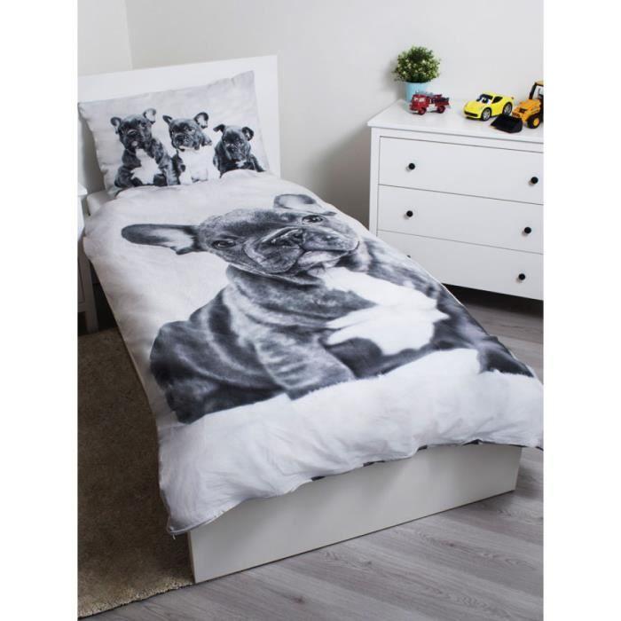 Ensemble de housse de couette - Bulldog français - 100% coton - Gris - 140x200 cm