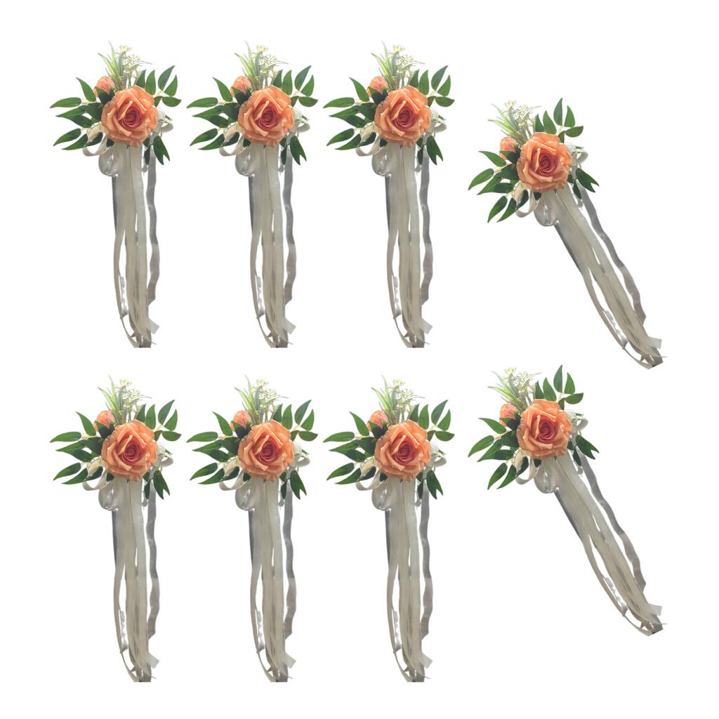 6 Stück elegante weiße künstliche Blumenstuhldekorationen, Bänke, Kirchenbänke, Blumen mit Bändern für Hochzeitsgang, Party-Versorgung