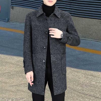 Yousheng Men Woolen Coat Lapel Long Sleeve Single Breasted Mid-Length Overcoat with Pockets Casual Daily Wear