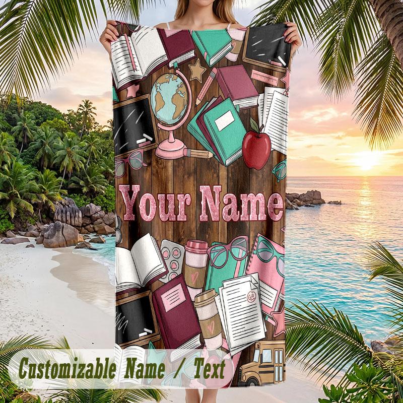 Autumnal Sun Celebration Theme Quick Dry Beach Towel Custom Name Text Print Large Sand Resistant Towel Beach Vacation