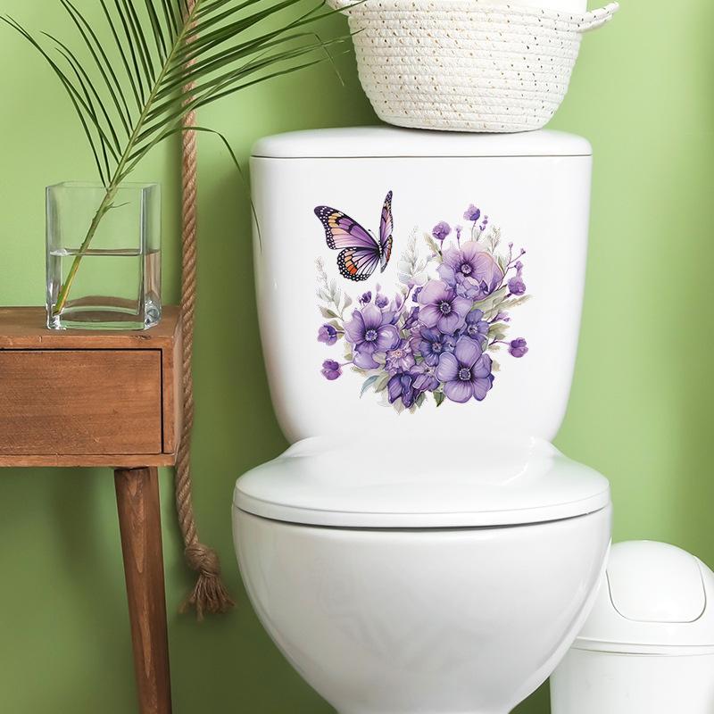 Purple Butterfly Floral Plants Toilet Seat Sticker Bathroom Decor Removable Waterproof Wall Decal