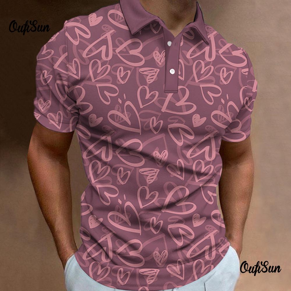 Trendy short-sleeve polo, heart print casual daily wear