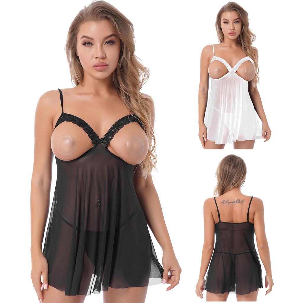 Dámská průsvitná síťovaná souprava spodního prádla - Plus size krajková babydoll s nastavitelnými ramínky a G-string noční prádlo