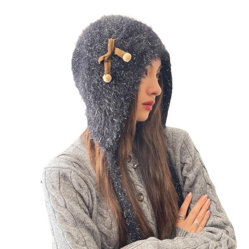 Korean New Cute Wool Hat for Women In Autumn and Winter Warm Lace Ups Piled Hats To Show Their Faces and Small Knitted Ear Protecting Heads