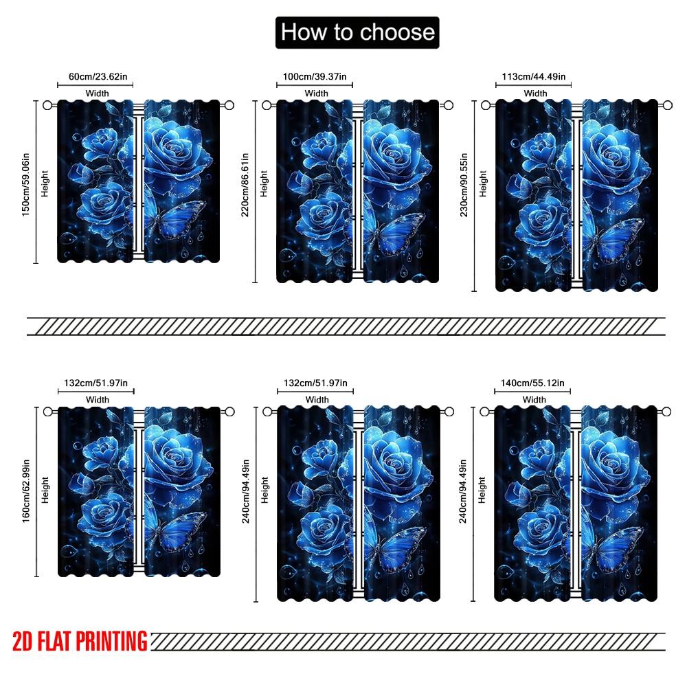 2pcs,2D Plane Printing Curtains Digital Printed Blue Rose Elegance Durable 100% Polyester Fabric (without Rod) Versatile All Use