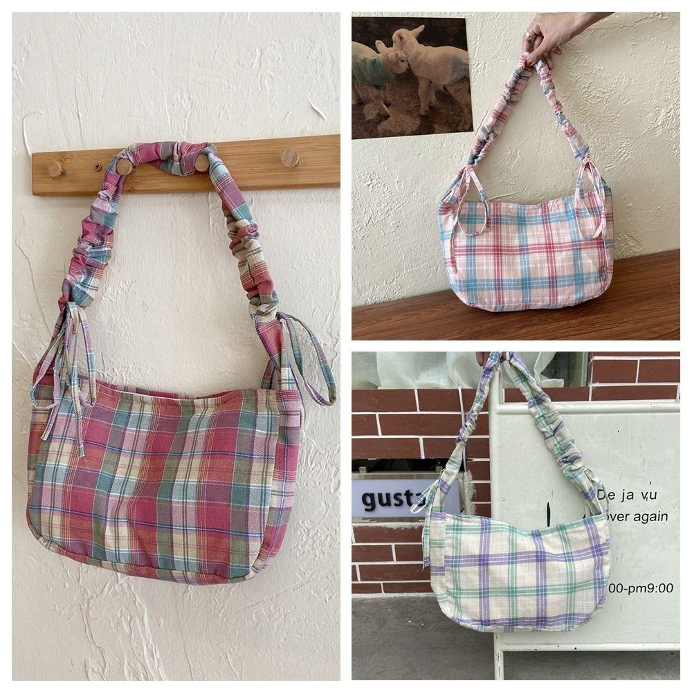Sweet Pleated Dumpling Bag Large Capacity Women Chic Underarm Bag Cute Lattice Tote Bag Outdoor