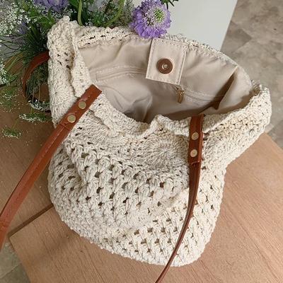 Large Capacity Shoulder Cotton Thread Woven Bag Women's 2025 New Hollow Reticulated Tote Bag Seaside Vacation Beach Bag