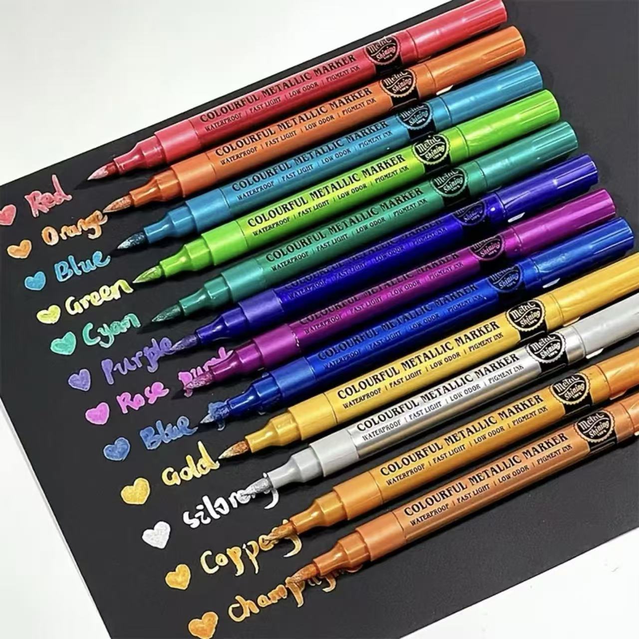 

12Pcs Metallic Marker Pens Set Soft Brush Tip No Bleed Vibrant Colors Art Drawing Pens for Students Stationery