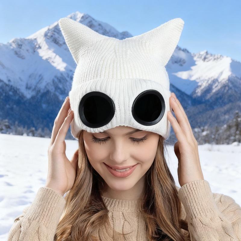 Little Devil Glasses Hat Knitted Mao Line Hat with Cat Ears Men Women Thickened for Warmth Ski Solid Color Ear Protection Windproof Pullover Hat