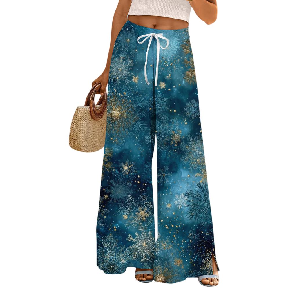 Ladies' Loose And Casual Christmas Printed Wide Leg Pants With Elastic Waistband Drawstring And Pocket Pants