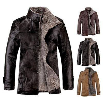 Men Coat Solid Color Plush Faux Leather Business Winter Jacket for Daily Wear
