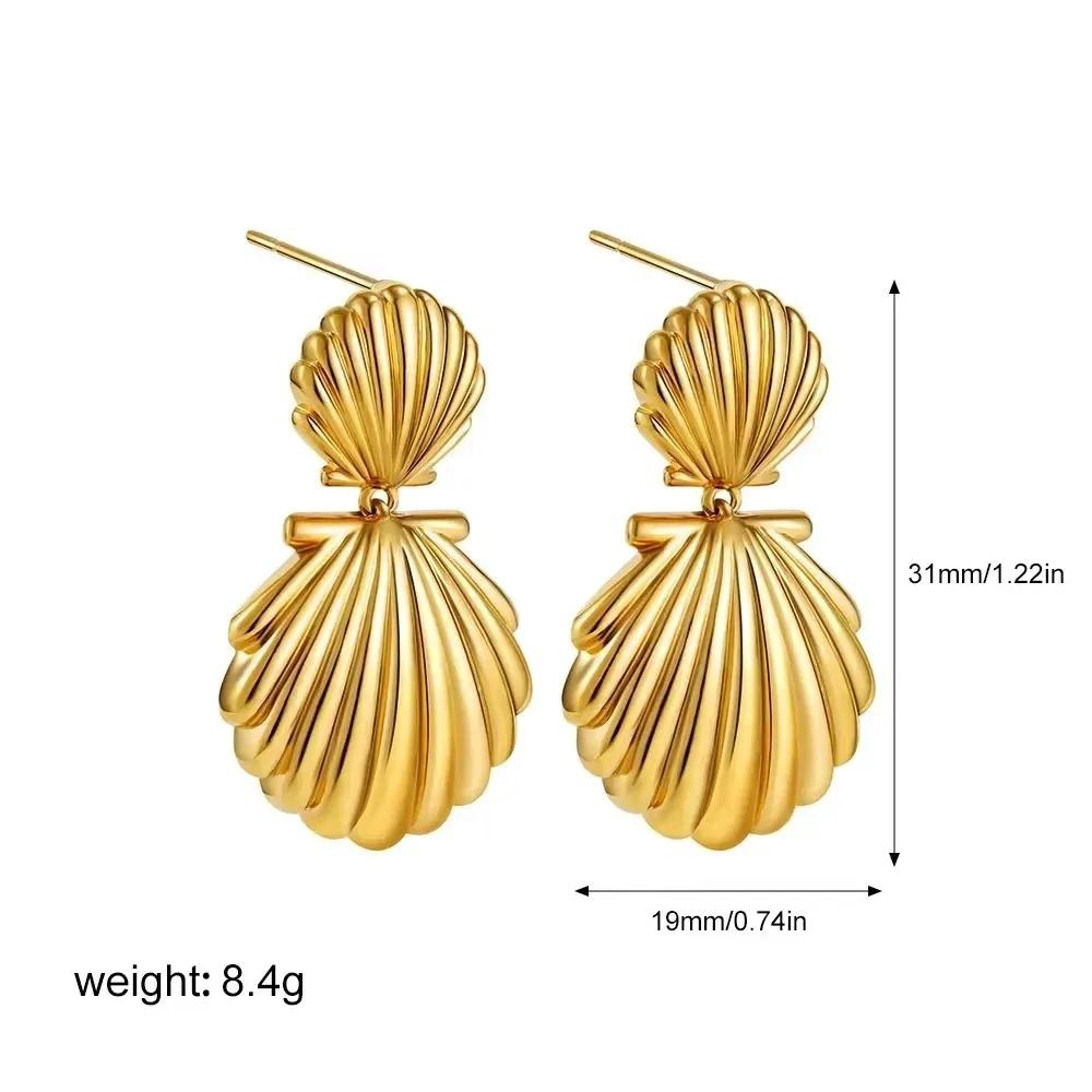 Gold Color Metal Texture Shell-shape Stud Earrings Women 18K Gold Plated Starfish Pendant Layered Chain Necklace Beach Jewelry