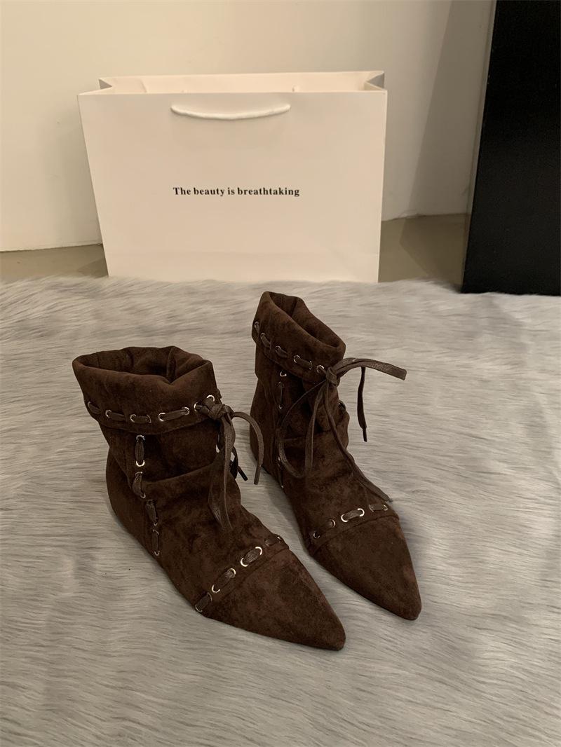 

Складные остроносые короткие сапоги женские на плоской подошве с ремешками 2025 лето и осень новые ретро нишевые Майяр западные ковбойские сапоги 39