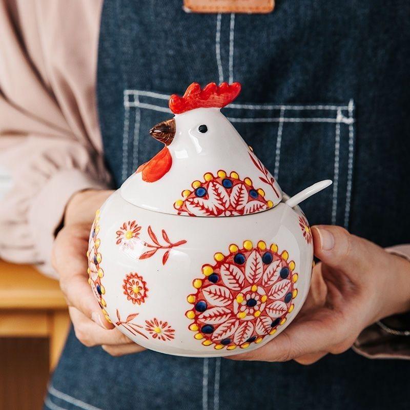 Creative Rooster Ceramic Spice Jar, Large Capacity Seasoning Container, Kitchen Storage & Pepper Holder