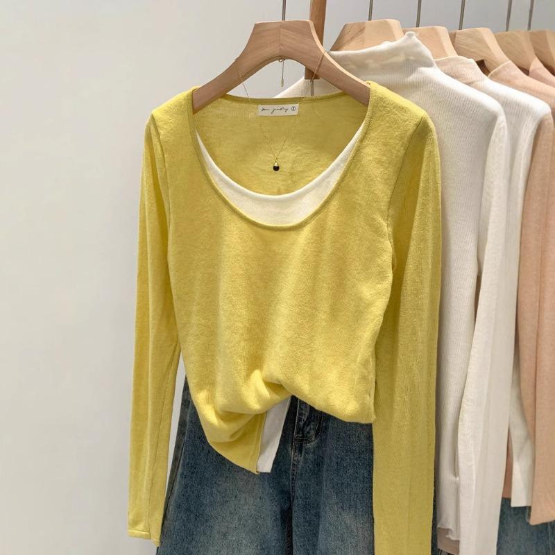 Spring Autumn Fake Two Pieces Loose Casual Fashion Sweater Women Long Sleeve Patchwork Knitting Bottomed Top