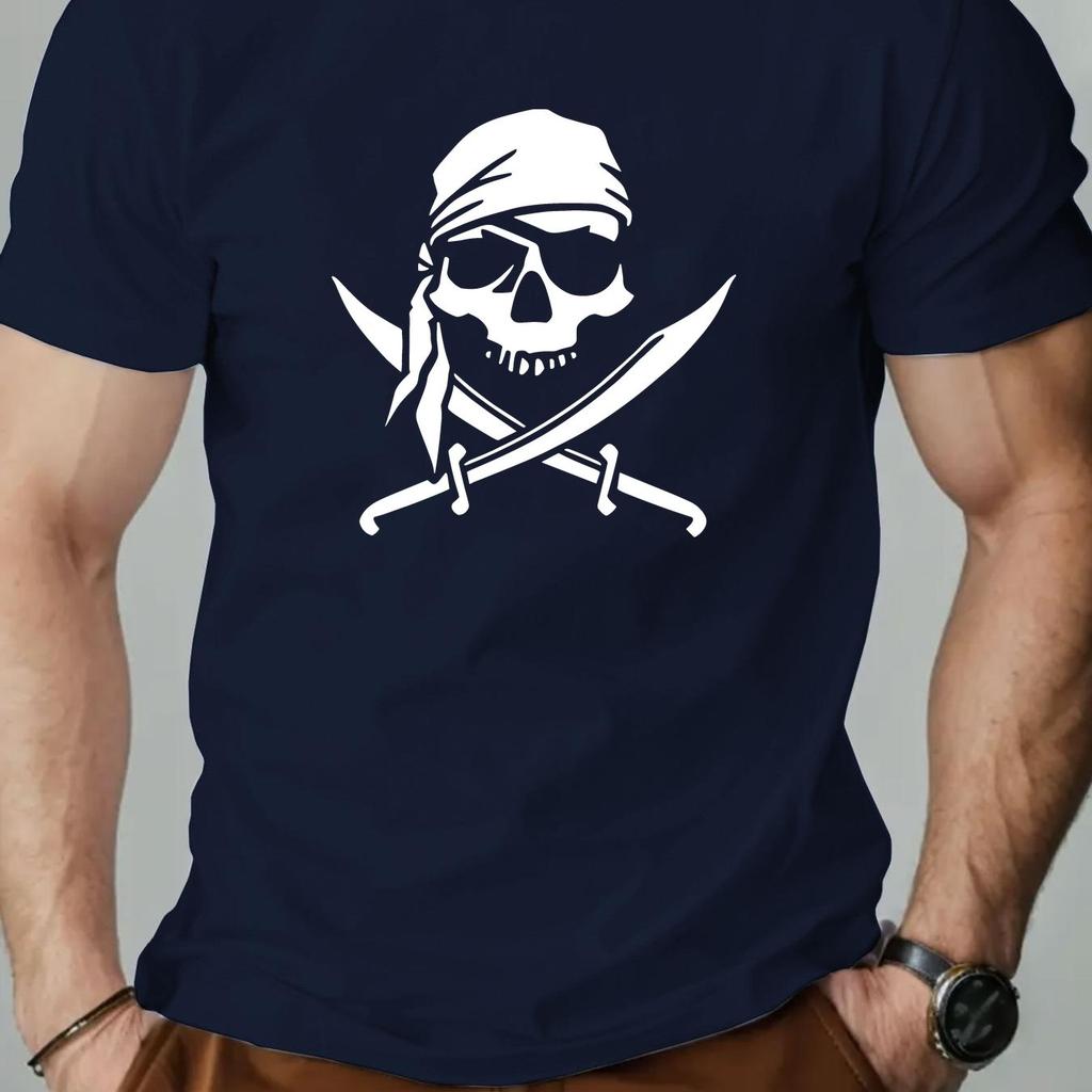 Men Pirate Skull Crossbones Graphic T-Shirt Red White Nautical Design Summer Casual Round Neck Short Sleeve Tee