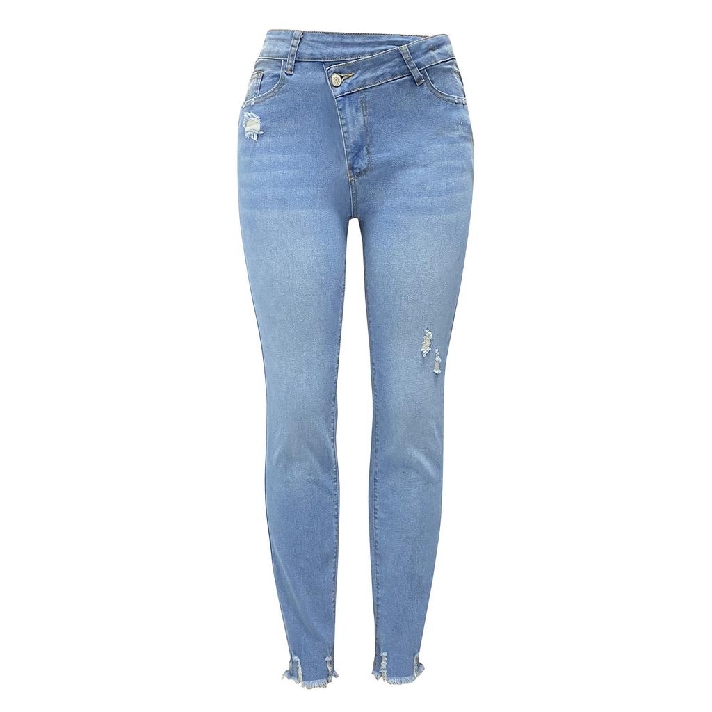 Damen Stretch Straight Jeans Mode Loch Washed Jeans