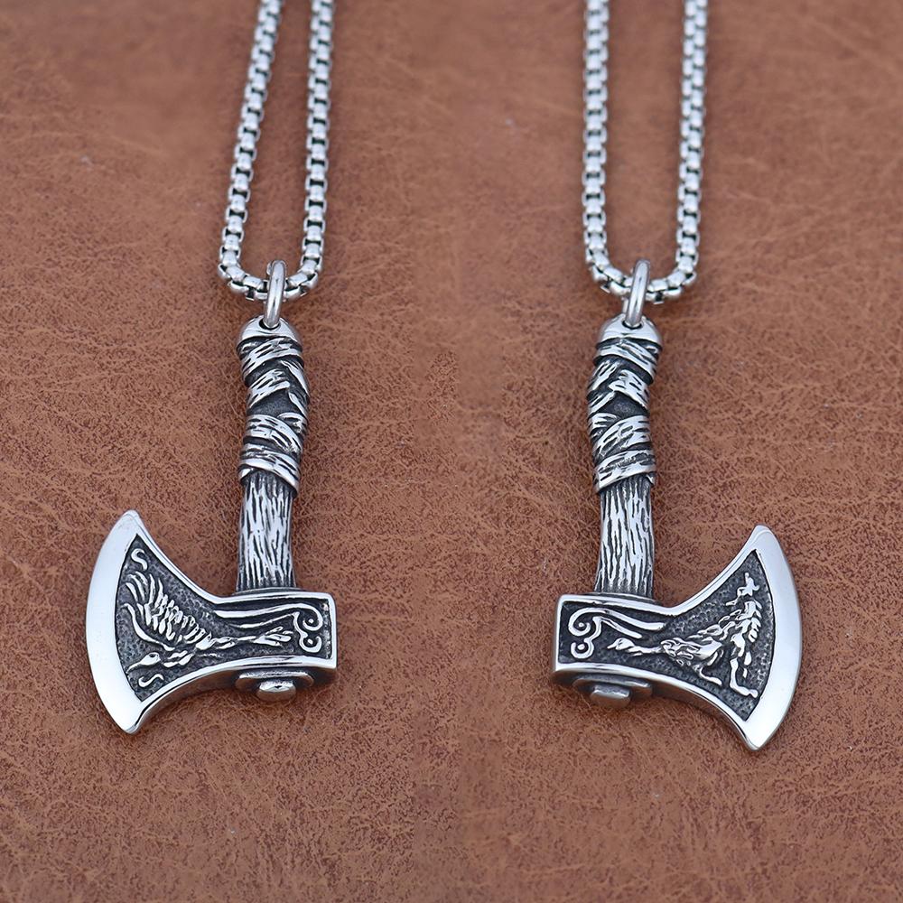 Boutique Stainless Steel Viking Wolf and Odin Crow Axe Pendant Necklace Vintage Men's Nordic Popular Jewelry for Birthday Gifts