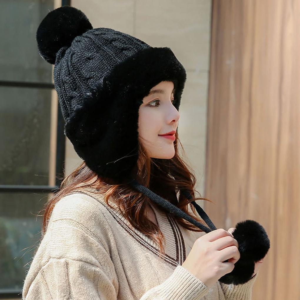 Winter Winter Earflap Fur Hat Black Pom Pom Hat